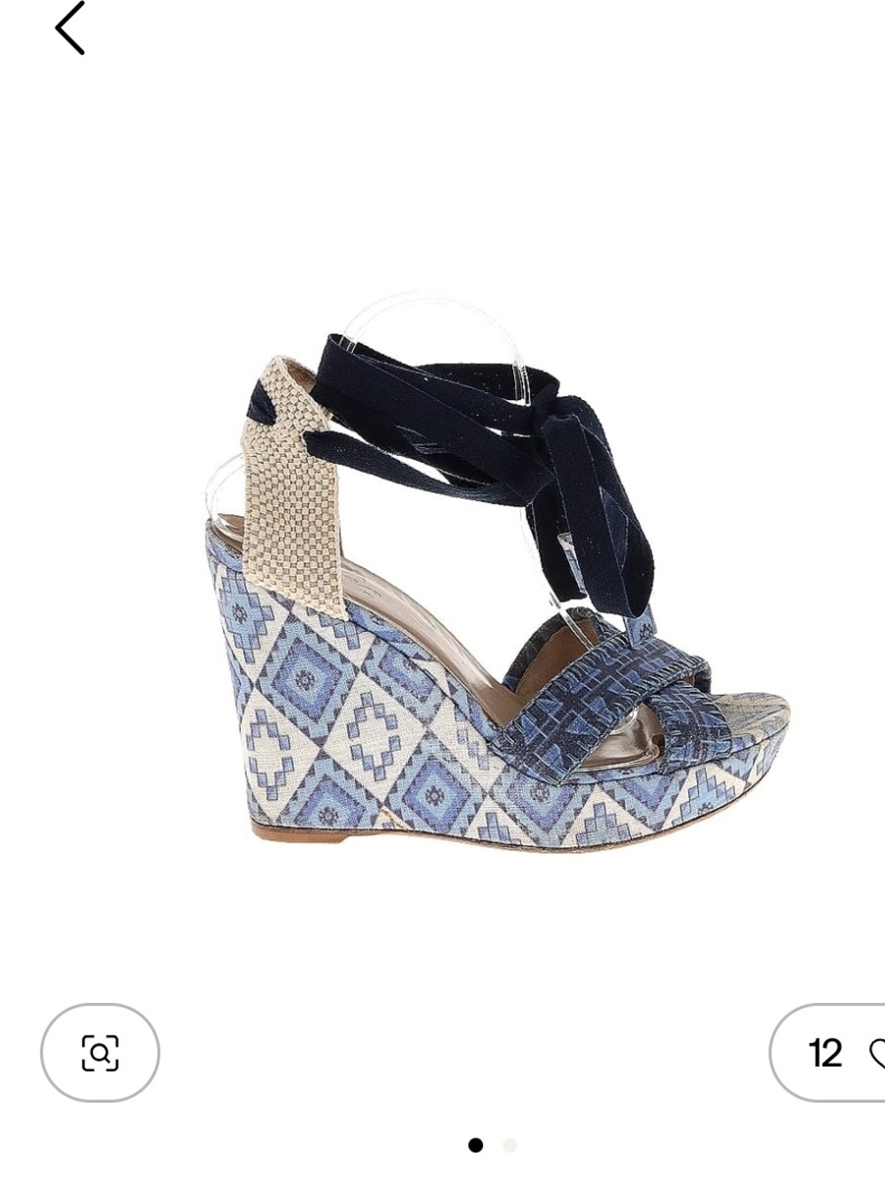 Stuart Weitzman X Theodora & Callum Blue Patterned Wedges w/ Ribbon Tie